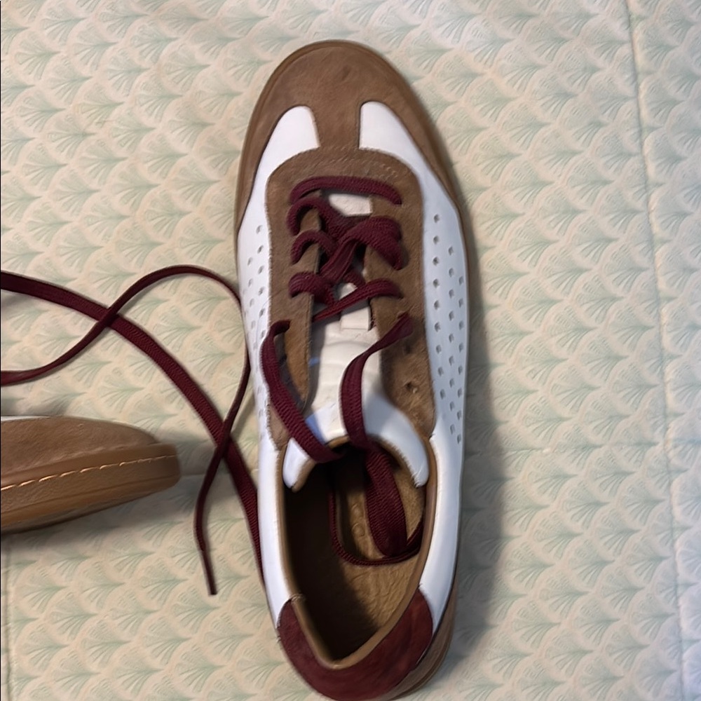 Brown and White Sneakers with Burgundy Laces